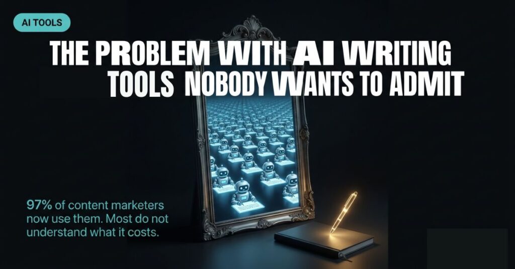 Featured image for The Problem With AI Writing Tools Nobody Wants to Admit showing a vintage mirror reflecting hundreds of identical robot writing icons representing the sameness problem next to a single glowing pen representing unique human writing