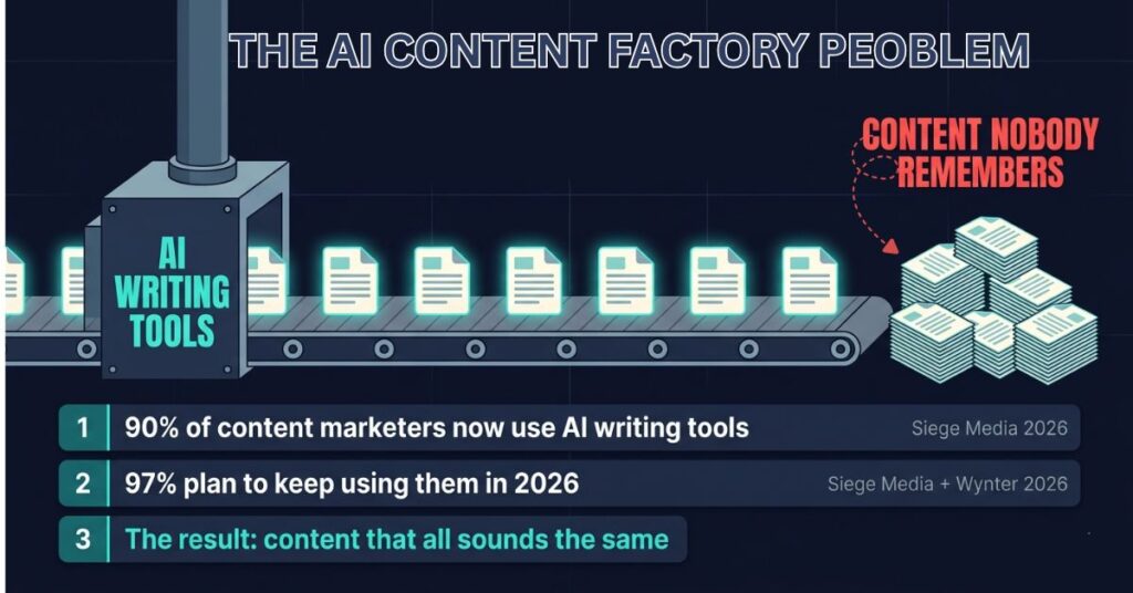 Infographic showing an AI content factory conveyor belt producing identical documents nobody remembers with stats showing 90 percent of content marketers use AI writing tools and 97 percent plan to continue in 2026 according to Siege Media