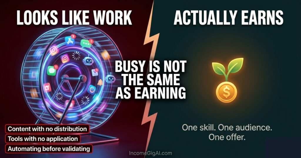 Concept image showing a glowing spinning hamster wheel filled with chaotic AI tool icons representing fake productivity on the left contrasted with a calm green seedling growing from a gold coin representing real income progress on the right with the text Busy Is Not the Same as Earning