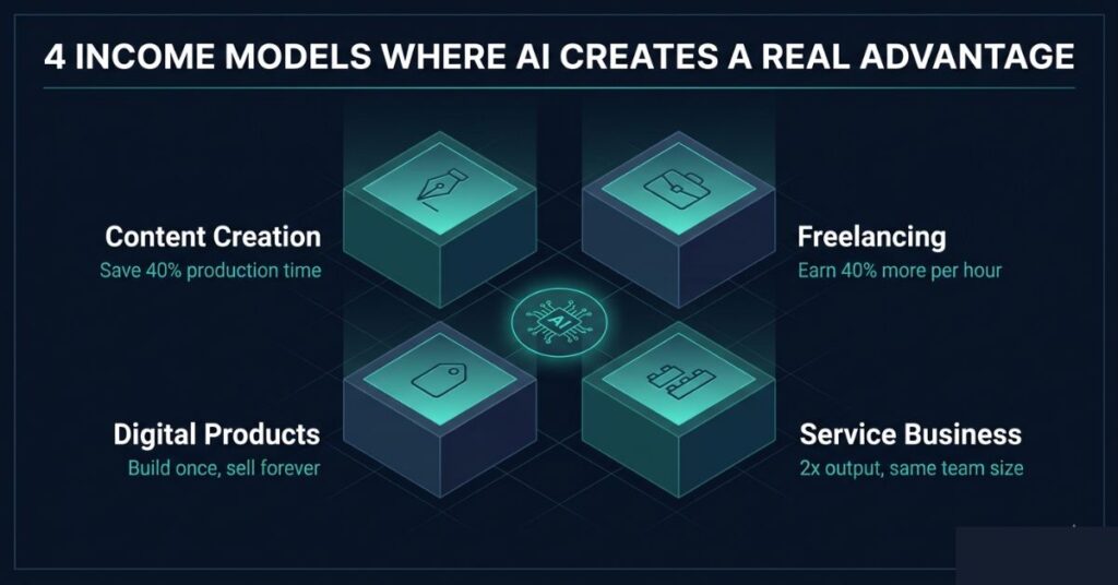 Infographic showing 4 income models where AI creates a real advantage in 2026: content creation saving 40 percent production time, freelancing earning 40 percent more per hour, digital products building once and selling forever, and service businesses doubling output with the same team size