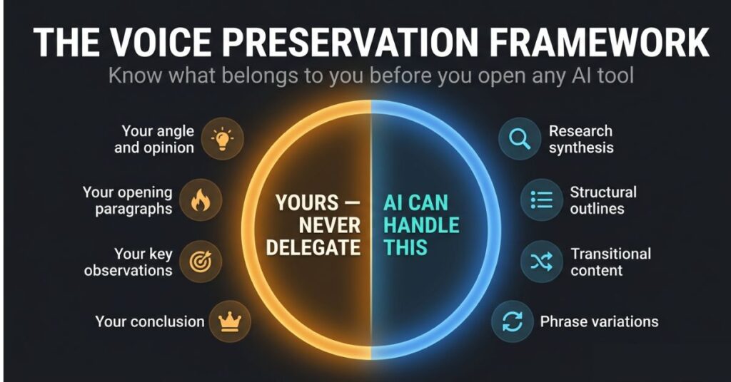Infographic showing a protective shield divided into two zones: the left zone labeled Yours Never Delegate containing your angle opinion opening paragraphs key observations and conclusion, and the right zone labeled AI Can Handle This containing research synthesis structural outlines transitional content and phrase variations