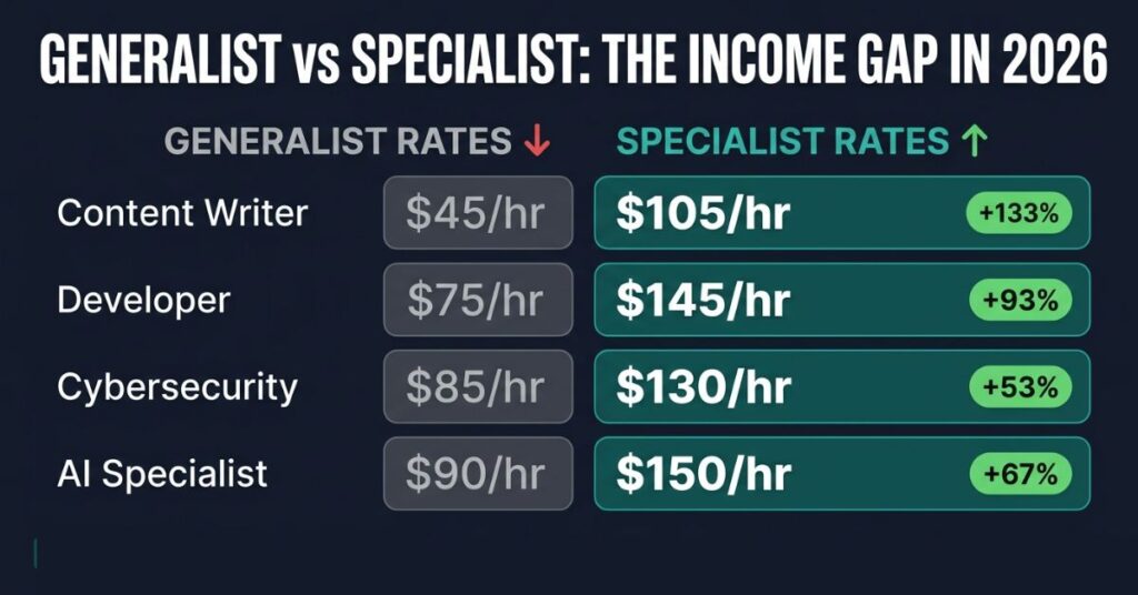 Infographic comparing generalist versus specialist freelancer rates in 2026 showing content writers earning 45 dollars per hour as generalists versus 105 dollars as specialists, developers earning 75 dollars versus 145 dollars, cybersecurity at 85 versus 130 and AI specialists at 90 versus 150 dollars per hour with percentage premium badges