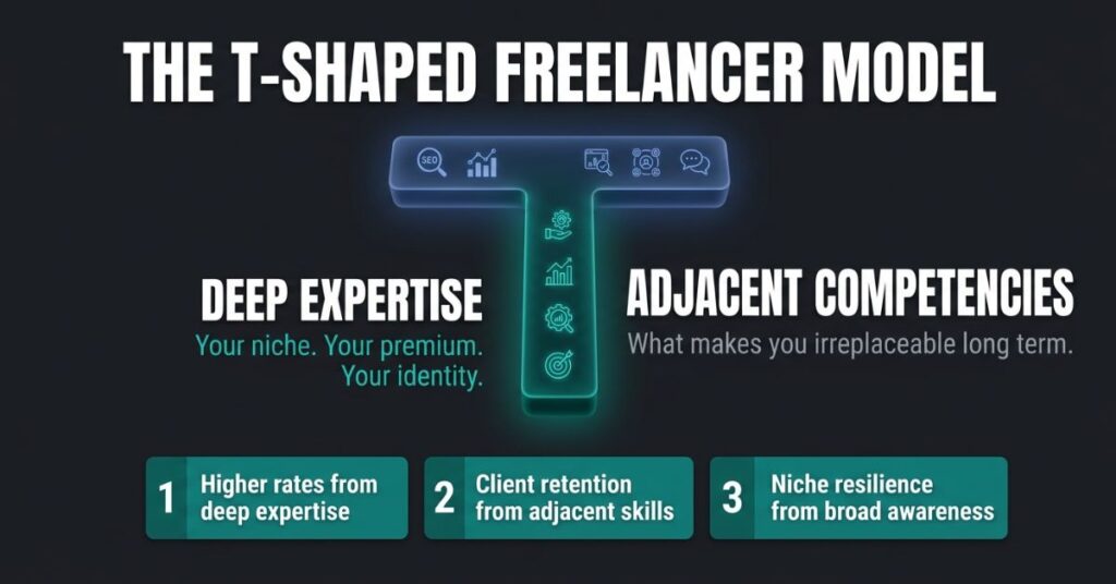 Educational diagram showing the T-shaped freelancer model with a glowing teal vertical bar representing deep niche expertise and a softer horizontal bar representing adjacent competencies with three stat cards showing higher rates from deep expertise, client retention from adjacent skills and niche resilience from broad awareness