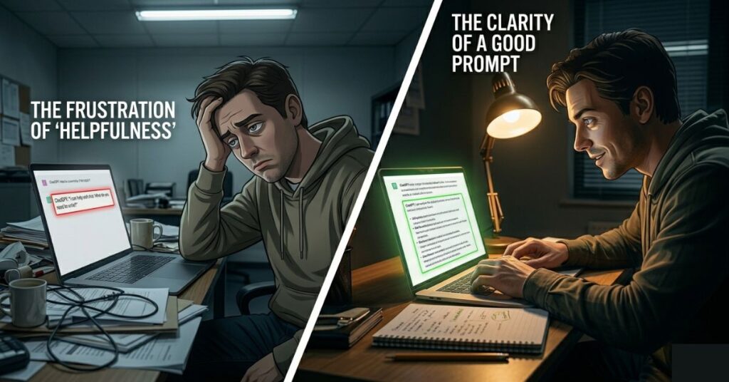 Split image showing the wrong way versus the right way to use ChatGPT with a frustrated user on the left and a focused productive user on the right