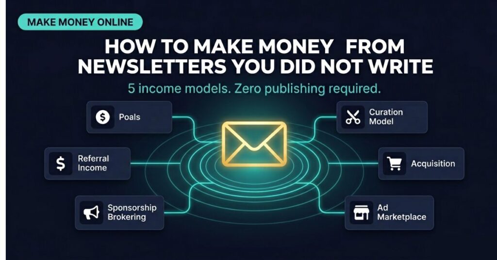 Featured image showing a glowing newsletter ecosystem network with five income model nodes labeled Referral Income Sponsorship Brokering Curation Model Acquisition and Ad Marketplace connected by teal lines representing five ways to make money from newsletters without writing them