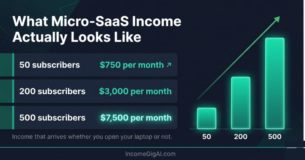 Dark infographic showing Micro-SaaS monthly recurring revenue milestones: 50 subscribers equals 750 dollars per month, 200 subscribers equals 3000 dollars per month, 500 subscribers equals 7500 dollars per month with a rising bar chart