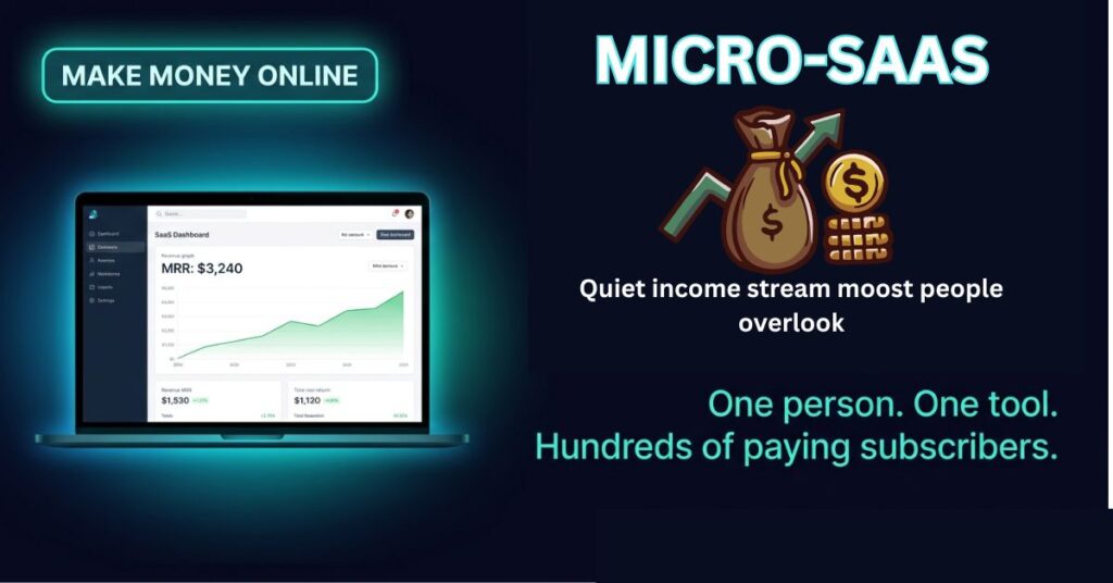 Micro-SaaS online income featured image showing a laptop dashboard with monthly recurring revenue of 3240 dollars and the headline Micro-SaaS The Quiet Income Stream Most People Overlook