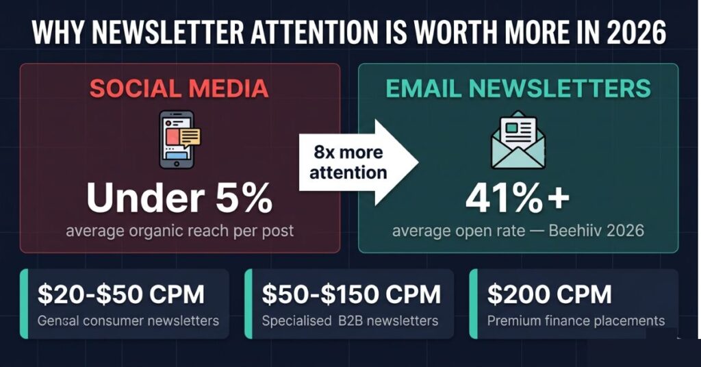 Infographic comparing social media organic reach of under 5 percent versus newsletter open rates of 41 percent from Beehiiv 2026 showing newsletters deliver 8 times more attention with CPM rates from 20 to 200 dollars depending on niche
