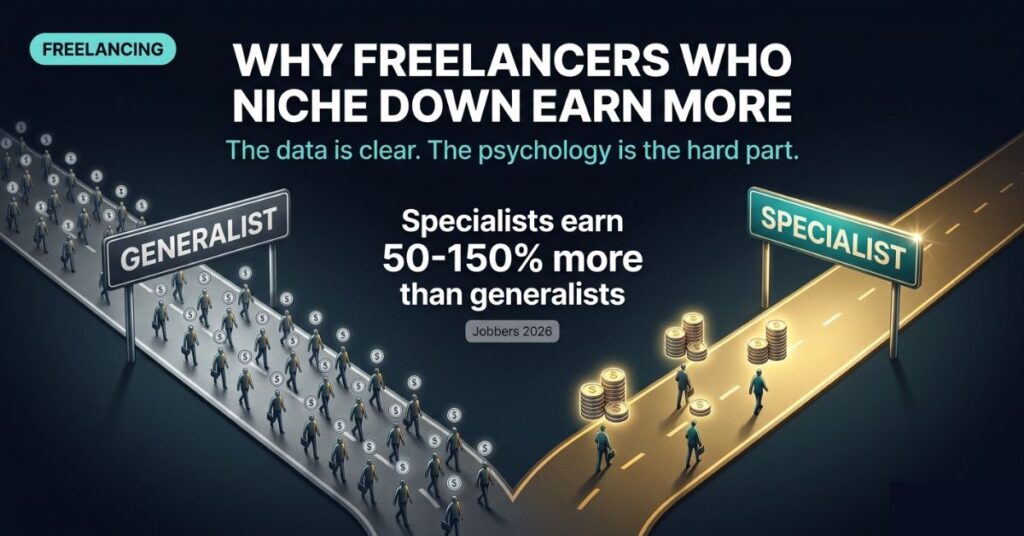 Featured image showing two diverging paths labeled Generalist and Specialist with small figures earning small coins on the wide generalist path versus fewer figures earning large coin stacks on the glowing specialist path illustrating why niche freelancers earn 50 to 150 percent more according to Jobbers 2026