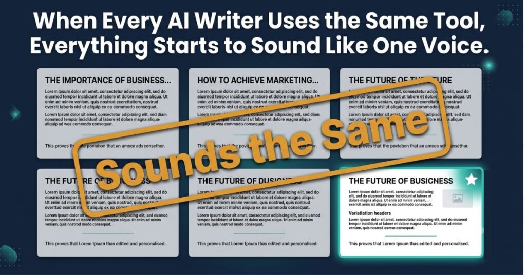 Graphic design image on dark background showing a grid of six blog post thumbnail mockups with identical structure and layout overlaid with a large amber stamp reading Sounds the Same with one teal highlighted thumbnail in the bottom right marked with a white star representing genuinely personalised content and the headline When Every AI Writer Uses the Same Tool Everything Starts to Sound Like One Voice