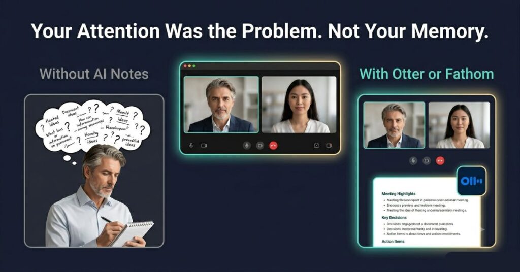 Graphic design image showing a video call interface with two columns below on a dark background on the left a figure split between watching the screen and taking notes labelled Without AI Notes in grey and on the right the same figure fully focused on the call with a clean summary appearing automatically labelled With Otter or Fathom in teal with the headline Your Attention Was the Problem Not Your Memory