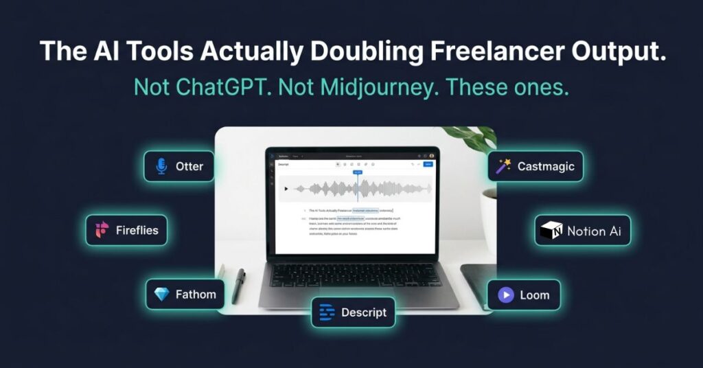 Featured graphic design image on dark navy background showing a laptop with a waveform being edited as text representing Descript with five glowing teal tool badges floating around it representing Otter Fireflies Fathom Castmagic and Loom with the headline The AI Tools Actually Doubling Freelancer Output and subheadline Not ChatGPT Not Midjourney These ones