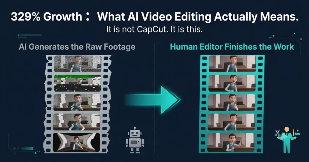 Graphic design split layout on dark background showing a film strip with glitchy artifact-filled frames on the left labelled AI Generates the Raw Footage in grey with a robot icon and the same film strip polished and consistent on the right labelled Human Editor Finishes the Work in teal with a human figure and editing tools with a teal arrow between them and the headline 329 Percent Growth What AI Video Editing Actually Means