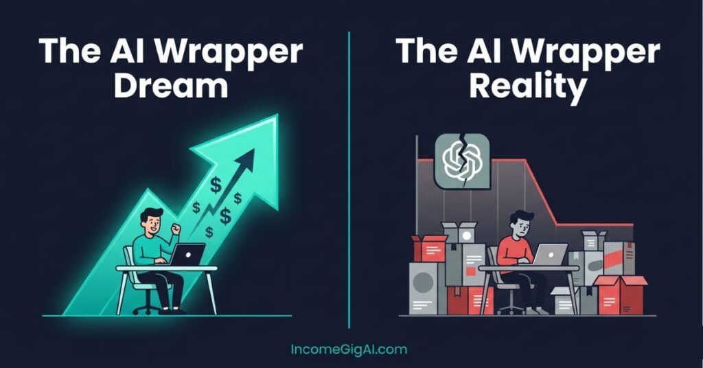 Featured image showing the AI wrapper business dream on the left with a glowing teal growth chart and rising dollars versus the reality on the right with a flatlined red graph cracked API icons and competing products closing in on a dark navy background