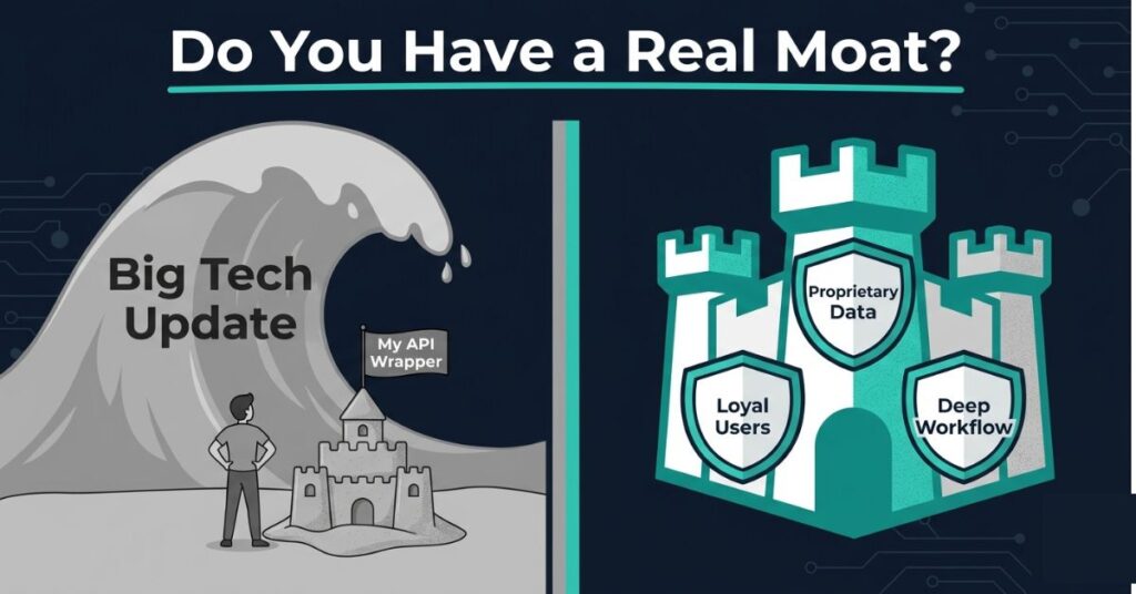 Graphic design image showing a small figure defending an AI wrapper business with a sandcastle labelled My API Wrapper on the left while a Big Tech Update wave approaches versus a solid defensible fortress on the right with shields labelled Proprietary Data Loyal Users and Deep Workflow