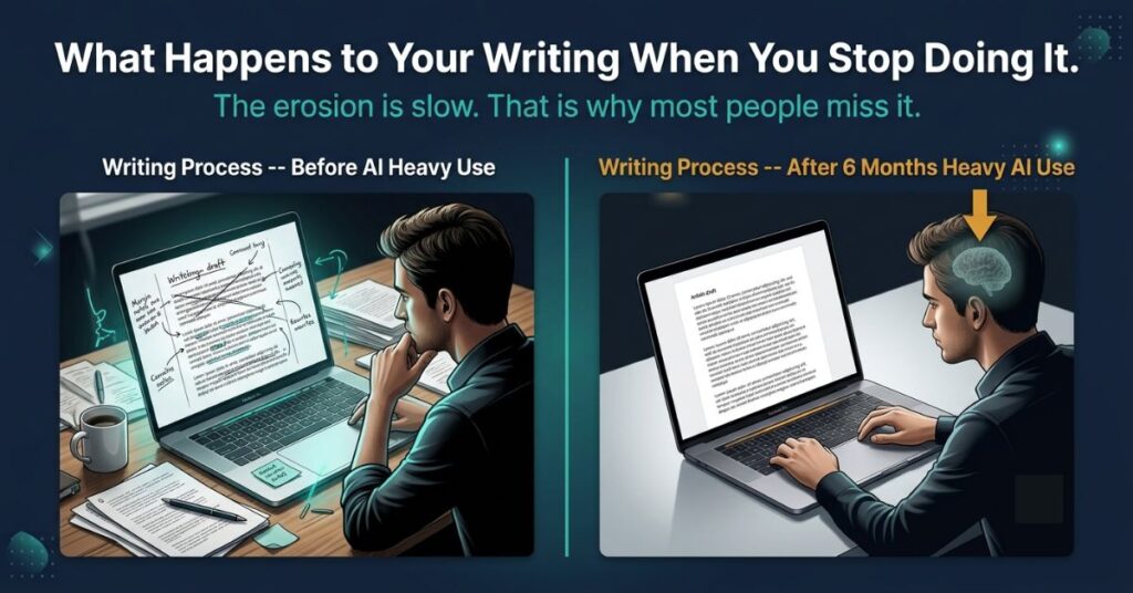 Graphic design comparison image on dark background showing two side by side writing process illustrations on the left Writing Process Before AI Heavy Use with a figure at a desk with a messy draft full of rewrites labelled in white and on the right Writing Process After 6 Months Heavy AI Use with the same figure and a clean polished draft but a faded brain icon with a downward amber arrow above the figure labelled in amber with the headline What Happens to Your Writing When You Stop Doing It