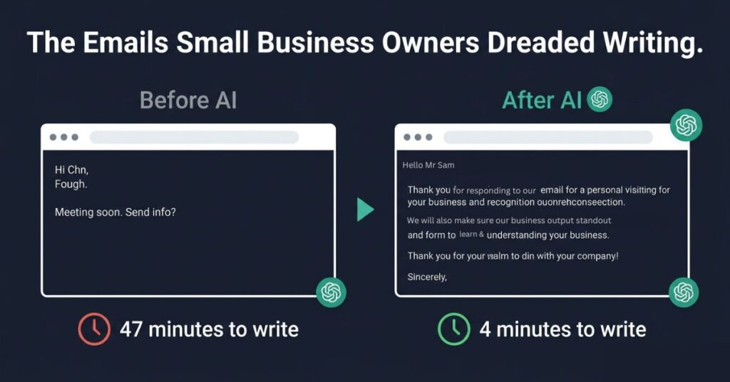Graphic design image showing two email mockups side by side on a dark background