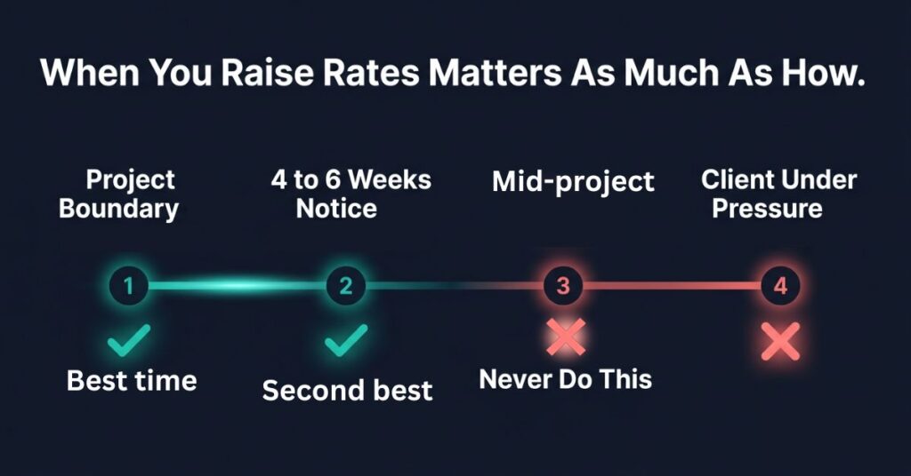  Graphic design timeline showing four rate increase timing scenarios with best time at project boundary and four to six weeks notice highlighted in teal and worst times mid project and during client stress highlighted in red on a dark background