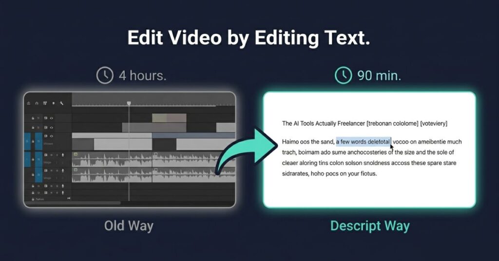 Graphic design split layout on dark background showing a complex grey video timeline labelled Old Way with a grey clock reading 4 hours on the left versus a clean white text document labelled Descript Way with a teal clock reading 90 min on the right with a bold teal arrow between them and the headline Edit Video by Editing Text