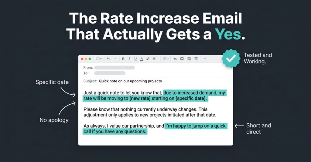  Graphic design image showing a realistic email mockup with the subject line Quick note on our upcoming projects and key phrases highlighted in teal including my rate will be moving to and nothing currently underway changes with annotation labels pointing to specific date no apology and short and direct on a dark background