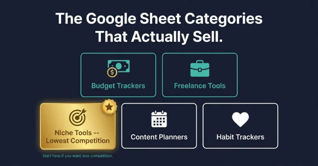 Graphic design grid on dark background showing five category tiles for Google Sheet products Budget Trackers and Freelance Tools in teal Habit Trackers and Content Planners in white and Niche Tools with a gold star badge and lowest competition label with the headline The Google Sheet Categories That Actually Sell