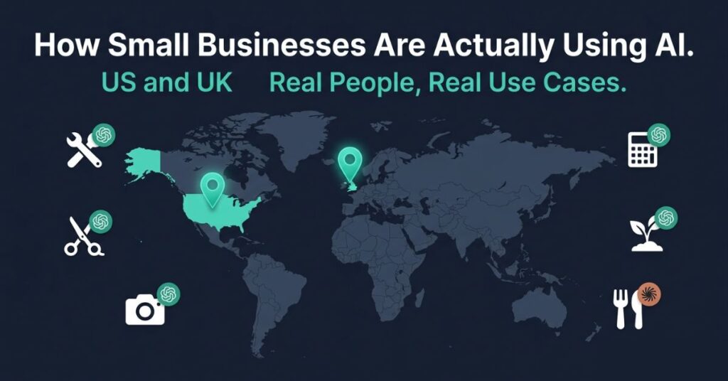 Featured graphic design image on dark navy background showing a split US and UK map with glowing teal location pins and small business icons including a wrench scissors camera calculator plant and fork representing real small businesses using AI with the headline How Small Businesses Are Actually Using AI