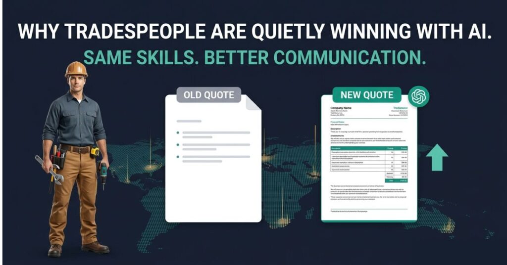 An old sparse quote in grey on the left and a new professional structured proposal in teal on the right with the headline Why Tradespeople Are Quietly Winning With AI and the sub-headline Same skills Better communication