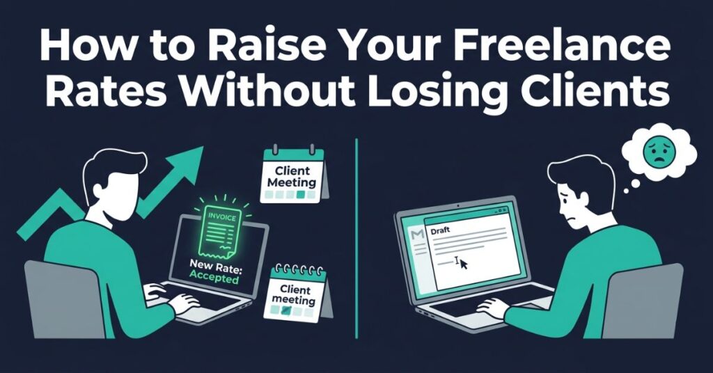 Featured graphic showing two freelancer scenarios side by side on a dark navy background, on the left a confident figure with a teal upward arrow and accepted invoice and on the right an uncertain figure with a draft email open and a worried thought bubble illustrating the difference between raising rates confidently versus nervously