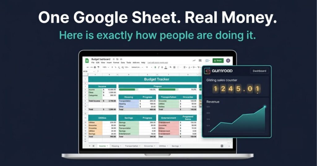 Featured graphic design image on dark navy background showing a laptop with a colour coded Google Sheet budget dashboard beside a Gumroad sales counter in gold with a rising teal revenue chart and the headline One Google Sheet Real Money with sub-headline Here is exactly how people are doing it