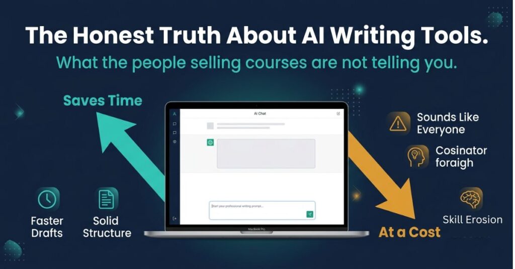 Featured graphic design image on dark navy background showing a laptop with an AI chat interface and two arrows splitting outward from the screen a teal arrow pointing up labelled Saves Time with icons for Faster Drafts and Solid Structure and an amber arrow pointing down labelled At a Cost with icons for Sounds Like Everyone and Skill Erosion with the headline The Honest Truth About AI Writing Tools