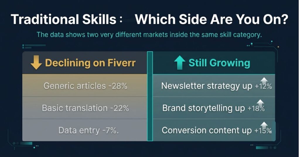 Graphic design two-column layout on dark background with the left column labelled Declining on Fiverr in amber with a downward arrow and three grey rows reading Generic articles minus 28 percent Basic translation minus 22 percent and Data entry minus 7 percent and the right column labelled Still Growing in teal with an upward arrow and three white rows reading Newsletter strategy up Brand storytelling up and Conversion content up with a teal vertical divider and the headline Traditional Skills Which Side Are You On