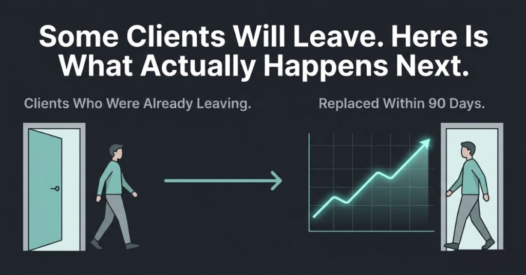 Graphic design image showing a client figure walking out a door on the left labelled Clients Who Were Already Leaving and a new client figure walking in on the right with a glowing teal upward revenue chart labelled Replaced Within 90 Days with a teal arrow connecting the two sides on a dark background