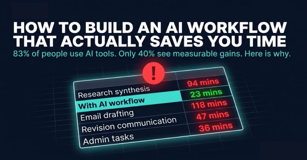 Featured image showing a glowing spreadsheet time audit with task times including 94 minutes for research synthesis highlighted in red compared to 23 minutes with AI workflow shown in green representing the productivity gap between using AI tools randomly versus systematically with the headline How to Build an AI Workflow That Actually Saves You Time