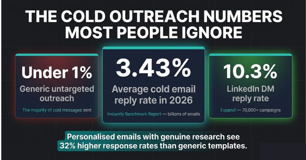 Infographic showing cold outreach data in 2026: average cold email reply rate of 3.43 percent from Instantly benchmark of billions of emails, LinkedIn DM reply rate of 10.3 percent from Expandi across 70000 campaigns, and under 1 percent for generic untargeted outreach, with a stat showing personalised emails see 32 percent higher response rates