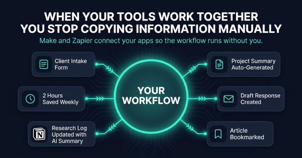 Infographic showing a connected AI workflow ecosystem with six nodes flowing from a central workflow hub including client intake form generating automatic project summary and draft response email plus article bookmarking triggering automatic research log updates in Notion resulting in 2 hours saved weekly using Make and Zapier
