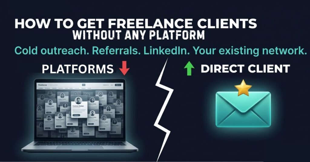Featured image showing a crowded grey freelance marketplace platform with competing profiles on the left versus a single glowing direct client envelope on the right with the headline How to Get Freelance Clients Without Any Platform showing the contrast between platform dependency and direct client acquisition