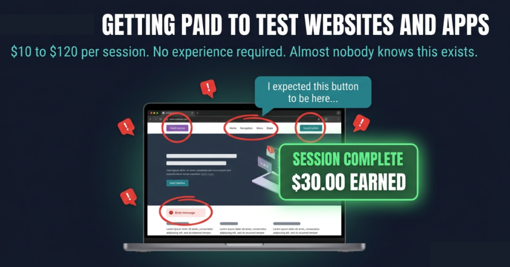 Featured image showing a glowing laptop with a confusing website interface marked with red annotation circles and a green payment badge showing 30 dollars earned with a speech bubble reading I expected this button to be here representing getting paid to test websites and apps