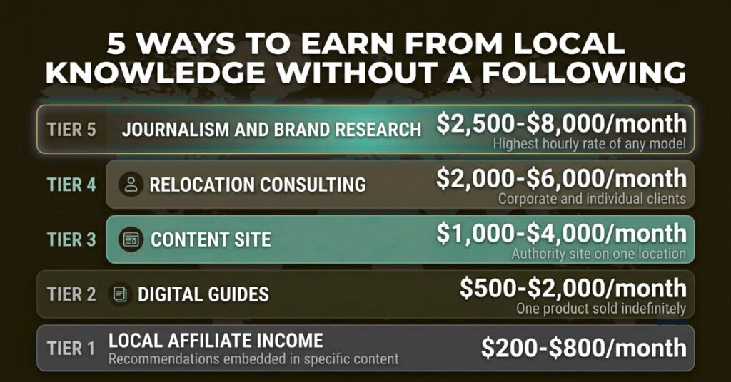 Income ladder infographic showing five local knowledge income models from bottom to top: local affiliate income at 200 to 800 per month, digital guides at 500 to 2000 per month, content site at 1000 to 4000 per month, relocation consulting at 2000 to 6000 per month and journalism and brand research at 2500 to 8000 per month