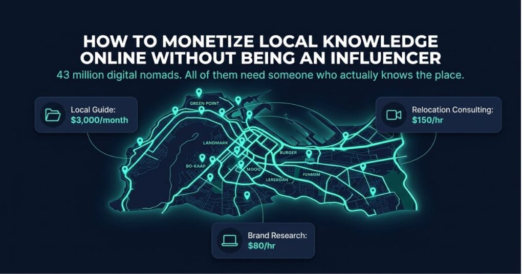 Featured image showing a glowing city map with teal highlighted districts and three income cards reading local guide earning 3000 dollars per month, relocation consulting at 150 dollars per hour and brand research at 80 dollars per hour representing how to monetise local knowledge online without being an influencer