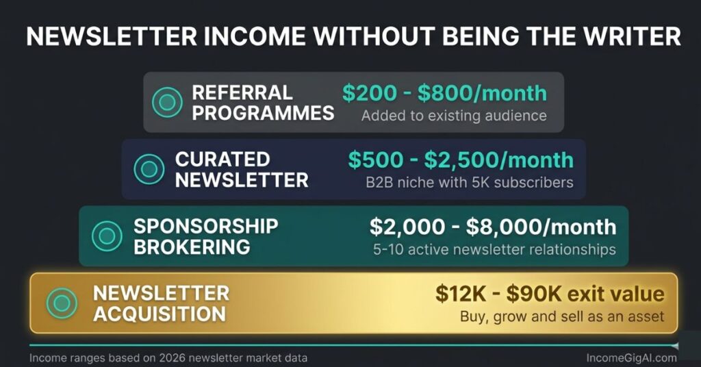 Income ladder infographic showing four newsletter income models without writing: referral programmes earning 200 to 800 dollars per month, curated newsletters earning 500 to 2500 dollars per month, sponsorship brokering earning 2000 to 8000 dollars per month and newsletter acquisition with 12000 to 90000 dollar exit values