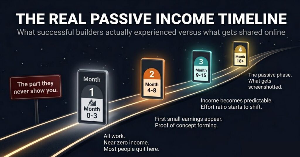 Infographic showing the real passive income timeline as a glowing road with four milestones: months zero to three showing all work and near zero income where most people quit, months four to eight showing first small earnings, months nine to fifteen showing income becoming predictable, and month eighteen plus showing the passive phase that gets screenshotted with a warning sign reading the part they never show you