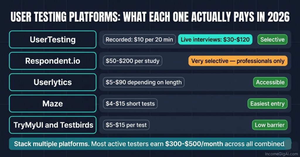 Infographic comparing five user testing platforms in 2026: UserTesting paying 10 dollars for recorded tests and 30 to 120 for live interviews, Respondent.io paying 50 to 200 per study for professionals only, Userlytics paying 5 to 90, Maze paying 4 to 15 for short tests and TryMyUI and Testbirds paying 5 to 15 per test with a stat showing active testers earn 300 to 500 dollars per month across all platforms combined
