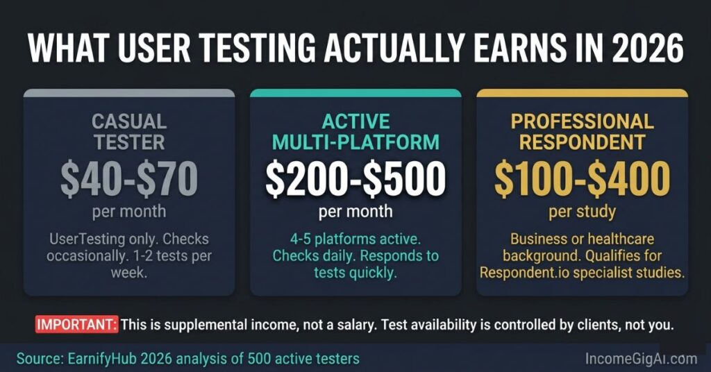 Infographic showing three user tester income profiles in 2026: casual tester earning 40 to 70 dollars per month on UserTesting only, active multi-platform tester earning 200 to 500 dollars per month across five platforms, and professional Respondent tester earning 100 to 400 dollars per study with a warning that this is supplemental income not a salary based on EarnifyHub 2026 analysis of 500 active testers