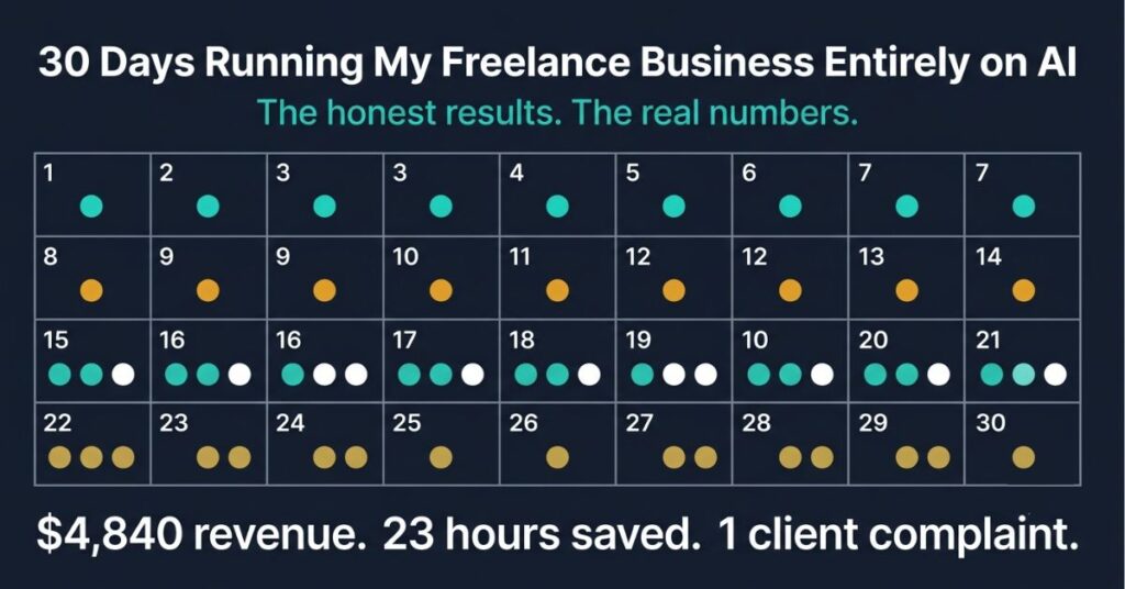 Featured graphic design image on dark navy background showing a thirty-day calendar grid with color coded dots