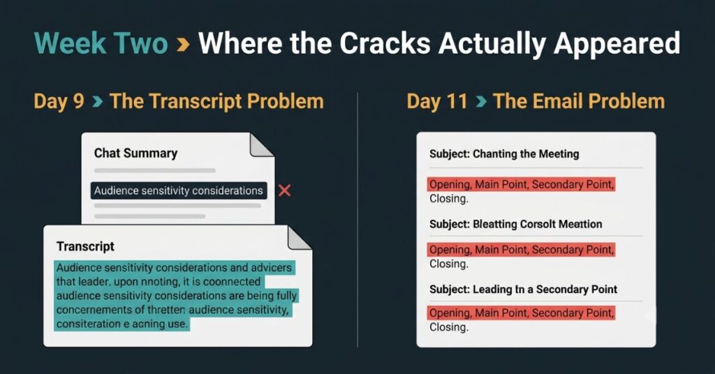 Graphic design split layout on dark background showing two failure panels. Day 9 The Transcript Problem in amber showing a summary document with a single line reading.