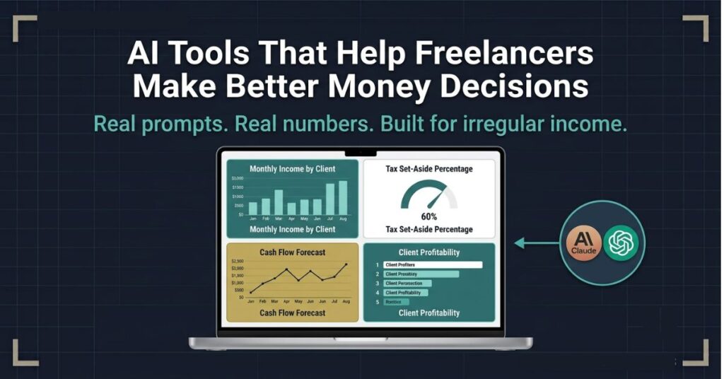 a teal bar chart labelled Monthly Income by Client a white circular gauge labelled Tax Set-Aside Percentage a gold line graph labelled Cash Flow Forecast and a teal ranked list labelled Client Profitability beside the laptop with Claude and ChatGPT logo badges connected by an arrow with the headline AI Tools That Help Freelancers Make Better Money Decisions