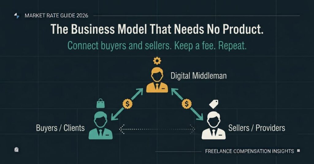 Clients figure at the bottom left and a white Sellers Providers figure at the bottom right with faded dotted arrows between the bottom two figures representing the previous difficult connection and a gold dollar sign badge on the teal arrows with the headline The Business Model That Needs No Product