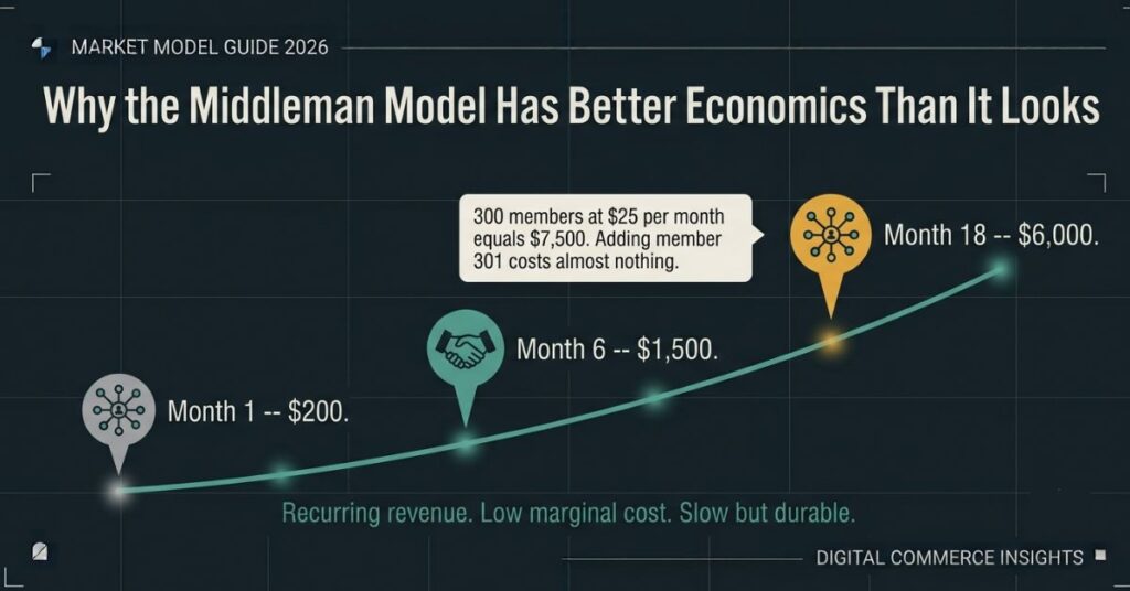 Graphic design revenue growth timeline on dark background showing a gentle upward teal curve with three milestone markers