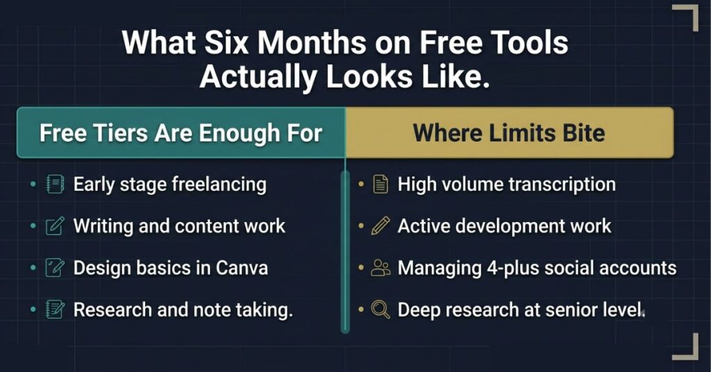 High volume transcription Active development work Managing 4 plus social accounts and Deep research at senior level with a teal vertical divider and the headline What Six Months on Free Tools Actually Looks Like