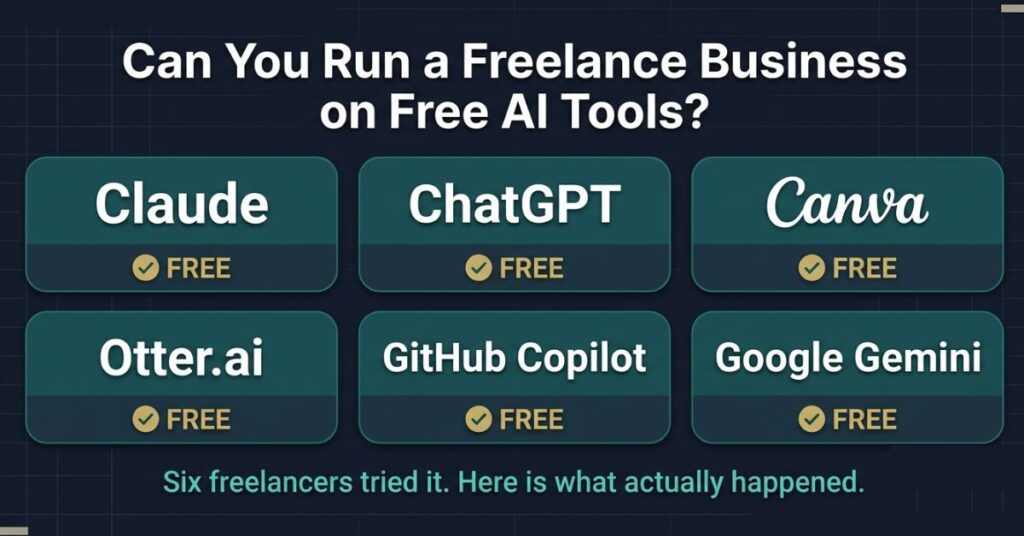 Claude ChatGPT Canva Otter.ai GitHub Copilot and Google Gemini each in dark teal rounded rectangles with white text a green checkmark and a gold FREE label with the headline Can You Run a Freelance Business on Free AI Tools and teal subtext Six freelancers tried it Here is what actually happened